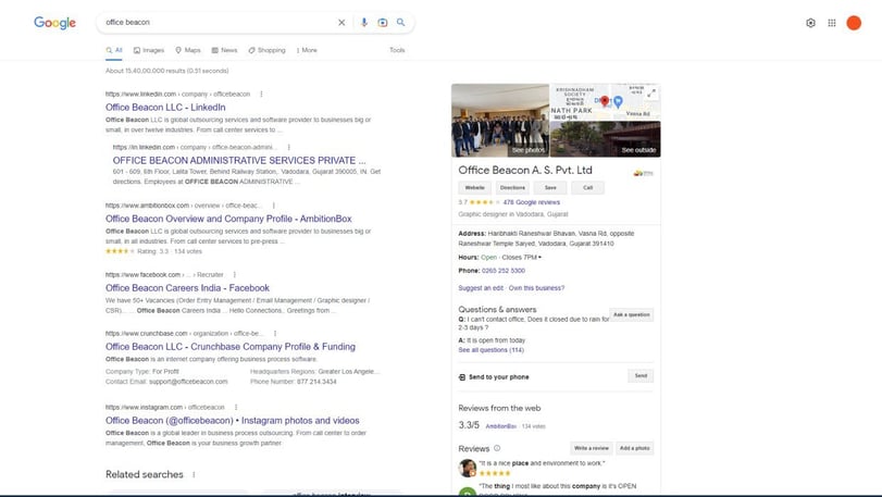 Screenshot from Google showing Office Beacon's LinkedIn profile as a search result for the query 'Office Beacon'.