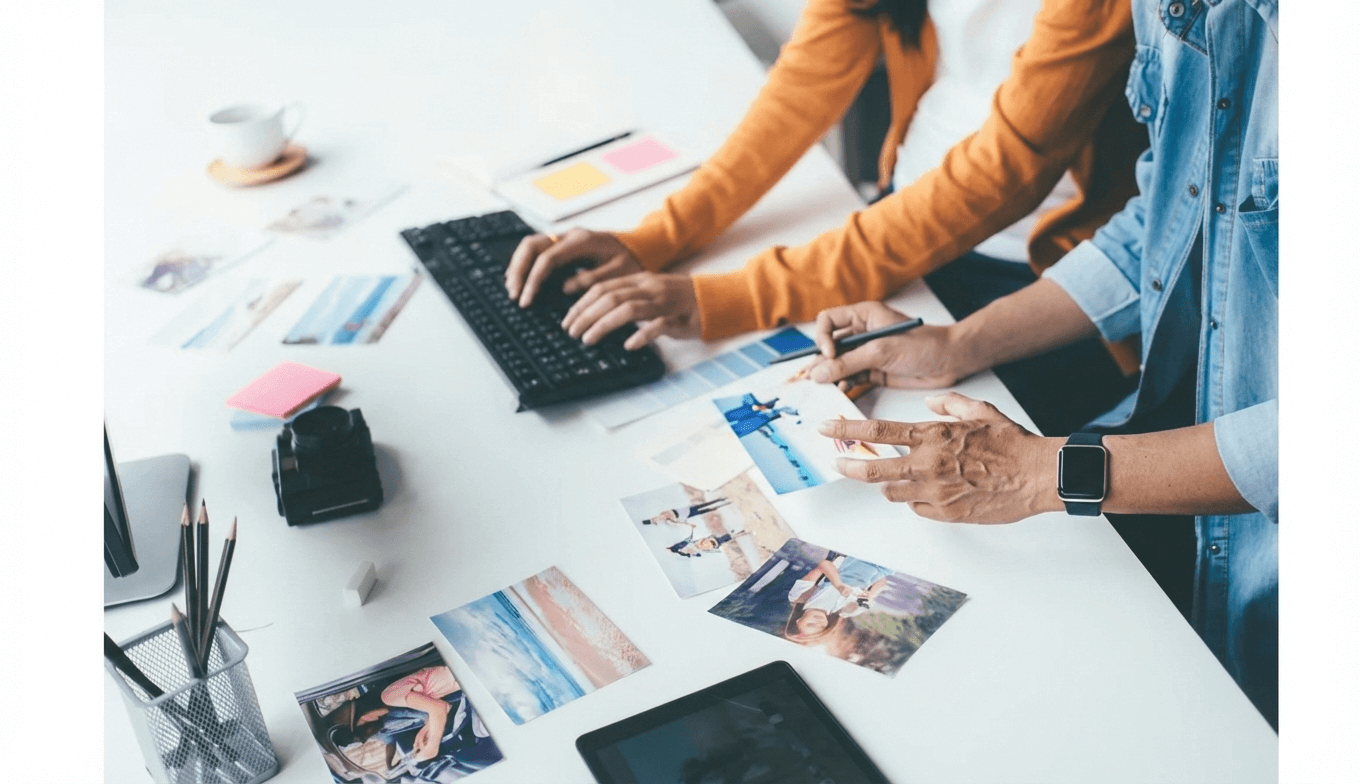 people looking at images on a table