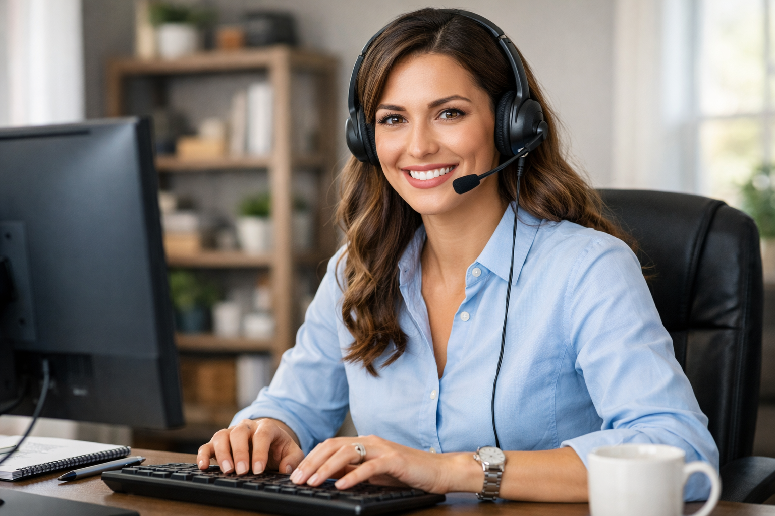 Hero shot of a woman with a remote work headset on at a computer-1