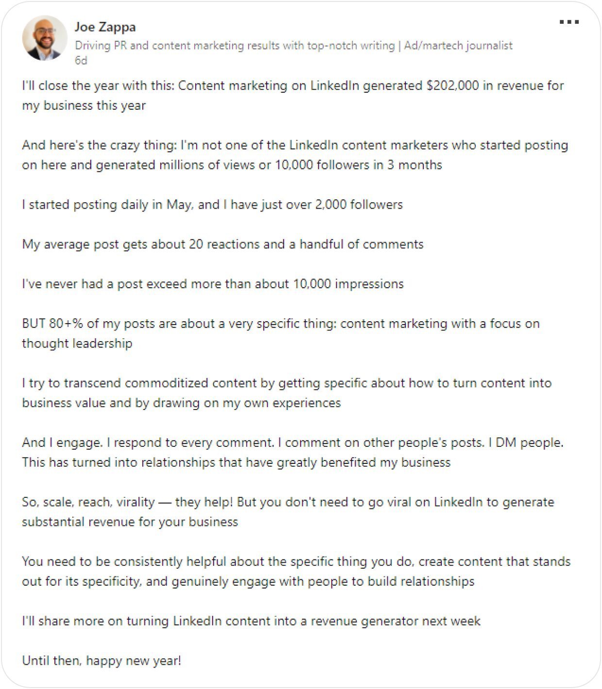 Joe Zappa's LinkedIn post on how social media marketing brought him over $200K in revenue.